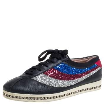 Pre Owned Gucci Multicolor Glitter And Leather Bowler Sneakers Size 37