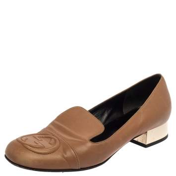 Pre Owned Gucci Brown Leather Soho GG Loafers Size 37 