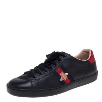 Pre Owned Gucci Black Leather Ace Web Low Top  Sneaker Size 39.5