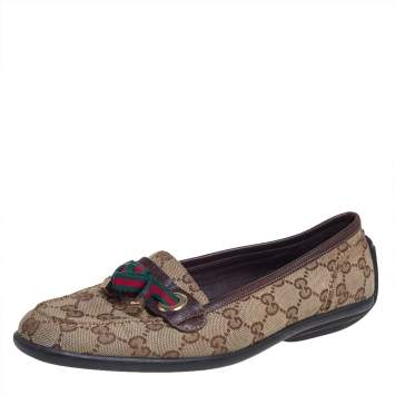 Pre Owned Gucci Beige/Brown GG Canvas and Leather Web Bow Detail Loafers Size 38