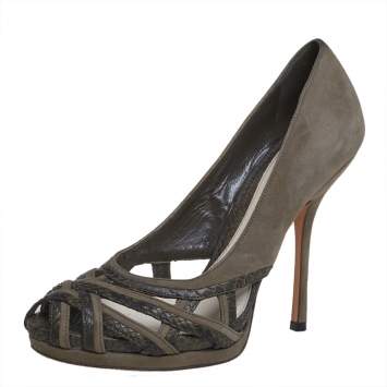 Pre Owned Gucci Green Suede And Python Leather Open Toe Pumps Size 37