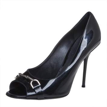 Pre Owned Gucci Black Patent Leather Horsebit Peep Toe Pumps Size 39