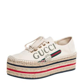 Pre Owned Gucci Cream Canvas Logo Platform Espadrilles Size 37