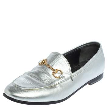 Pre Owned Gucci Silver Leather Jordaan Horsebit Slip On Loafers Size 37