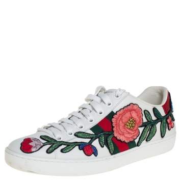 Pre Owned Gucci White Floral Embroidered Leather Ace Low Top Sneakers Size 36