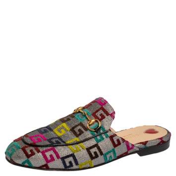 Pre Owned Gucci Silver Fabric Embroidered G Princetown Mule Flats Size 38