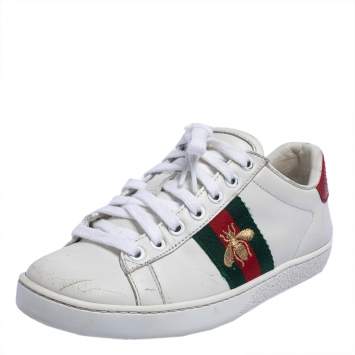 Pre Owned Gucci White Leather Embroidered Bee Ace Low Top Sneakers Size 34