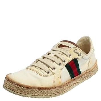 Pre Owned Gucci Off White Canvas Web Low Top Espadrille Sneakers Size 40
