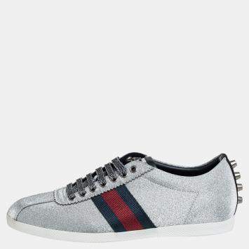 Pre Owned Gucci Silver Glitter Web Stud Embellished Sneakers Size 39