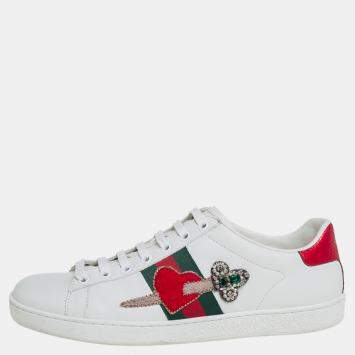 Pre Owned Gucci White Leather Ace Embellished  Low Top Sneakers Size 39
