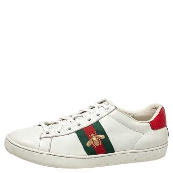 Pre Owned Gucci White Leather And Canvas  Bee Ace Low-Top Sneakers Size 36.5