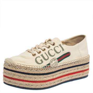 Pre Owned Gucci Beige Canvas Platform Espadrille Lace Up Sneakers Size  36