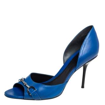 Pre Owned Gucci Blue Leather Horsebit Open Toe Pumps Size 38