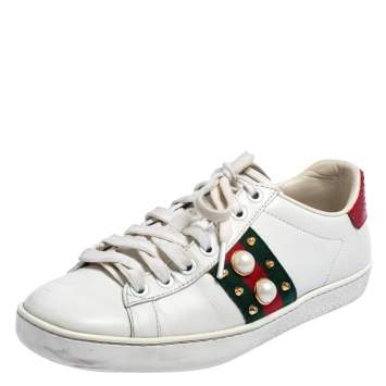 Pre Owned Gucci White Leather New Ace Web Pearl Embellished Low Top Sneakers Size 35