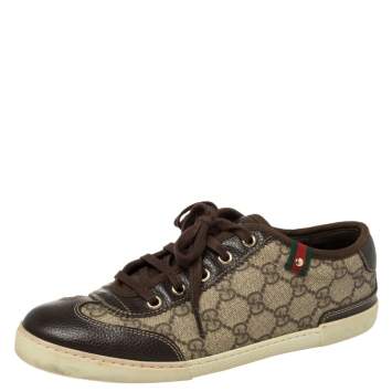 Pre Owned Gucci Brown GG Supreme Canvas And Leather Barcelona Low Top Sneakers Size 37