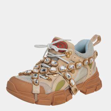 Pre Owned Gucci Beige/Grey Leather And Mesh Flashtrek Removable Crystals Sneaker Size 39