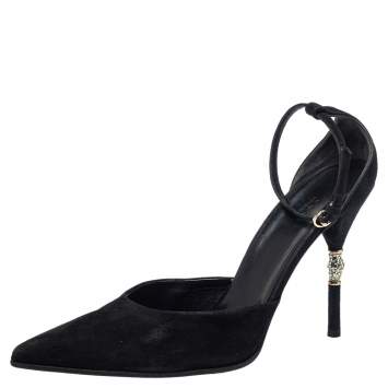 مملوكة مسبقًا Gucci Black Suede Crystal Embellished Heel Ankle Strap Sandals Size 41