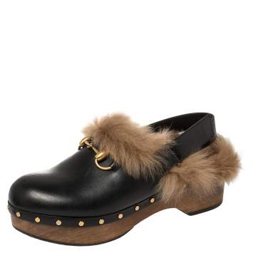 Pre Owned Gucci Black Leather Amstel Fur Slingback Clogs Size 38