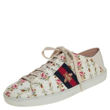 Pre Owned Gucci Cream/White Rose Print Canvas And Leather Ace Sneakers Size 40.5