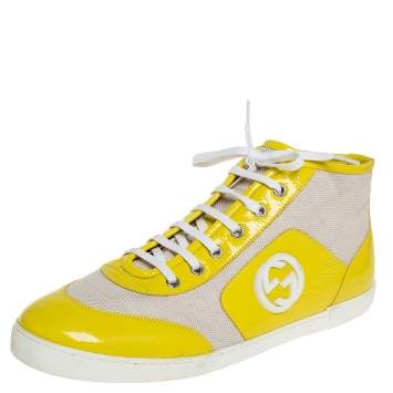 Pre Owned Gucci Yellow/White Canvas and Patent Leather High Top Sneakers Size 41