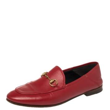 Pre Owned Gucci Red Leather Foldable Slim Horsebit Loafers Size 37