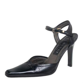Pre Owned Gucci Black Leather Pointed Toe Ankle Strap Pumps Size 36.5