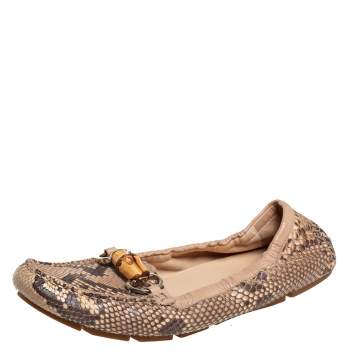 Pre Owned Gucci Beige Python Leather Bamboo  Loafers Size 39.5