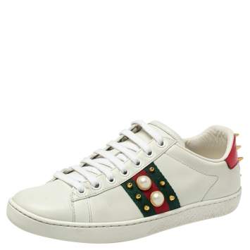 Pre Owned Gucci White Leather And Canvas Ace Sneakers Size 36