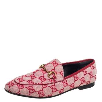 Pre Owned Gucci Red GG Canvas Jordaan Horsebit Slip On Loafers Size 36.5