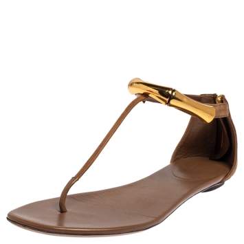 Pre Owned Gucci Brown Suede Thong  Ankle Strap Sandals Size 37