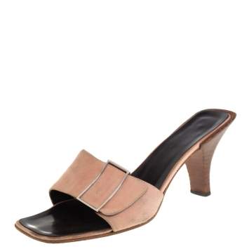 Pre Owned Gucci Pale Pink Suede Vintage Square Toe Slide Sandals Size 37.5