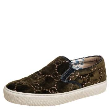 Pre Owned Gucci Olive Green GG Velvet Slip On Sneakers Size 37