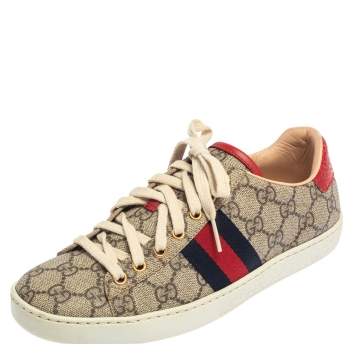 Pre Owned Gucci Beige/Brown GG Supreme Canvas Ace Web Low Top Sneakers Size 37