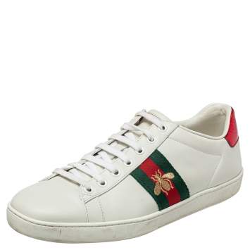 Pre Owned Gucci White Leather Ace Embroidered Bee Low Top Sneakers Size 38.5