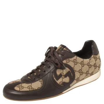 Pre Owned Gucci Brown Leather And Guccissima Canvas Royal Sport Interlocking GG Sneakers Size 39.5