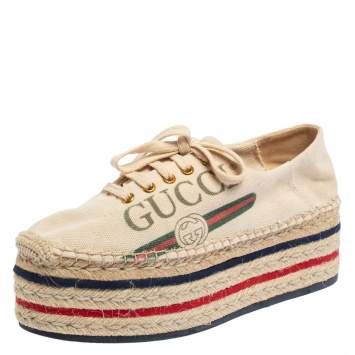 Pre Owned Gucci Cream Canvas Platform Espadrille Lace Up Sneakers Size 39
