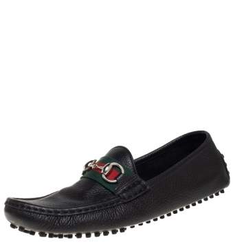 Pre Owned Gucci Black Leather Web Detail Horsebit Loafers Size 37.5