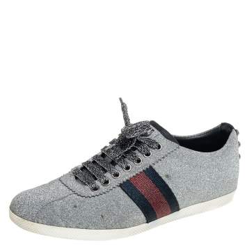 Pre Owned Gucci Metallic Silver Glitter Bambi Web Detail Studded Low Top Sneakers Size 38