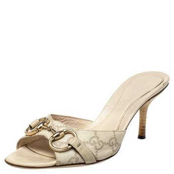 Pre Owned Gucci White GG Leather Horsebit Sandals Size 37