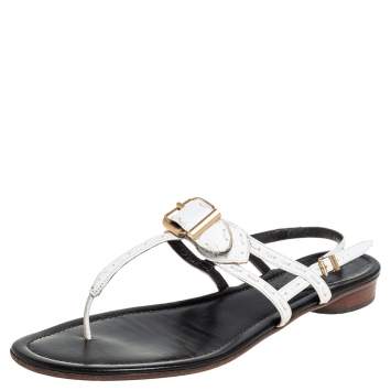 Pre Owned Fendi White Leather T-Strap Buckle Thong Slingback Flat Sandals Size 39