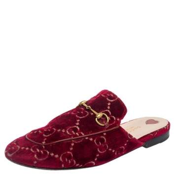 Pre Owned Gucci Red GG Velvet Princetown Mules Size 41.5