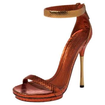 Pre Owned Gucci Metallic Snakeskin Ankle Strap Sandals Size 38