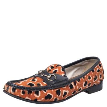Pre Owned Gucci Brown Leopard Print Calf Hair And Black Leather Horsebit Slip On Loafers Size 39