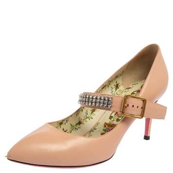 Pre Owned Gucci Beige Leather Sylvie Embellishment Pumps Size 38