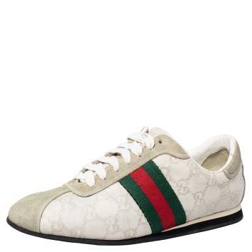 Pre Owned Gucci Cream Suede And Leather Low Top Sneakers Size 37