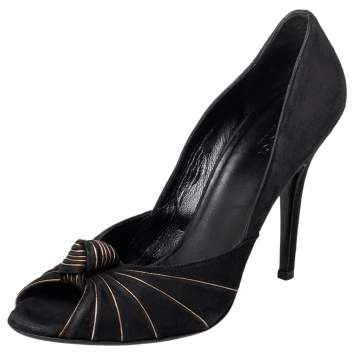 Pre Owned Gucci Black/Gold Suede Knotted Peep Toe Pumps Size 38.5