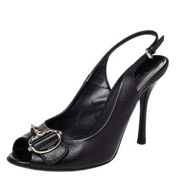 Pre Owned Gucci Black Leather Horsebit Slingback Sandals Size 37