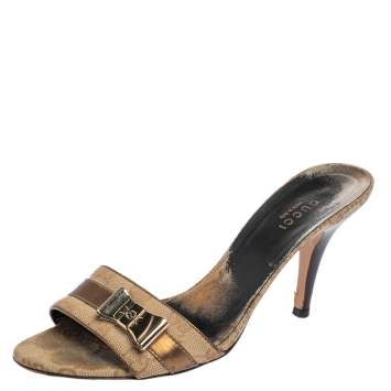 Pre Owned Gucci Beige Canvas and Leather Open Toe Bow Mules Size 37