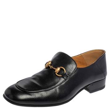 Pre Owned Gucci Black Leather Horsebit Slip On Loafers Size 39.5