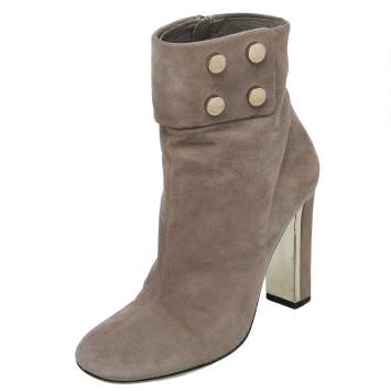 Pre Owned Gucci Grey Suede Vernice Block Heel Ankle Booties Size 36.5
